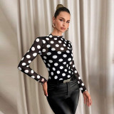 Women Autumn Sexy Mesh Polka Dot Cutout See-Through Long-Sleeved Mock Neck T-Shirt