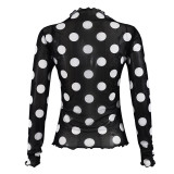 Women Autumn Sexy Mesh Polka Dot Cutout See-Through Long-Sleeved Mock Neck T-Shirt