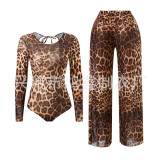 Women Mesh Long-Sleeved Leopard Print One-Piece Swimsuit and Pants Two-Piece Set