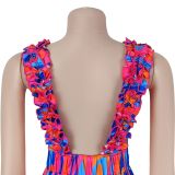 Women elegant ruffled shoulder strap printed dress