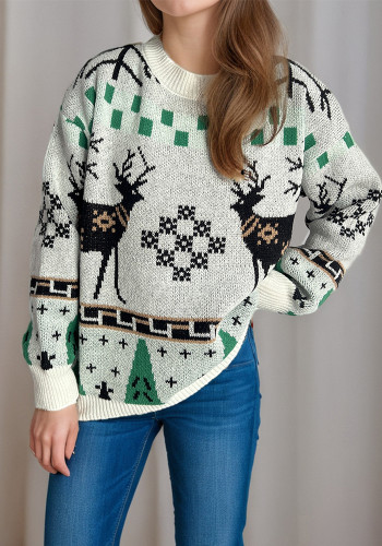Women Fall/Winter Christmas Deer Knitting Round Neck Casual Jacquard Sweater