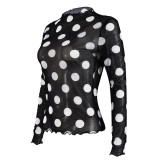 Women Autumn Sexy Mesh Polka Dot Cutout See-Through Long-Sleeved Mock Neck T-Shirt