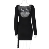 Women Autumn Sexy Solid Backless Long-Sleeved Ribbon Dress