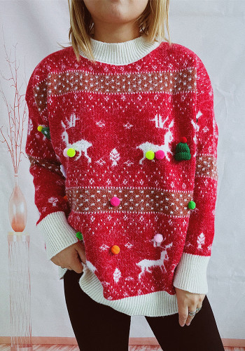 Women Fall/Winter Faux Mink Deer Snowflake Jacquard Pom Pom Christmas Scarf Sweater (Two-Piece Set)