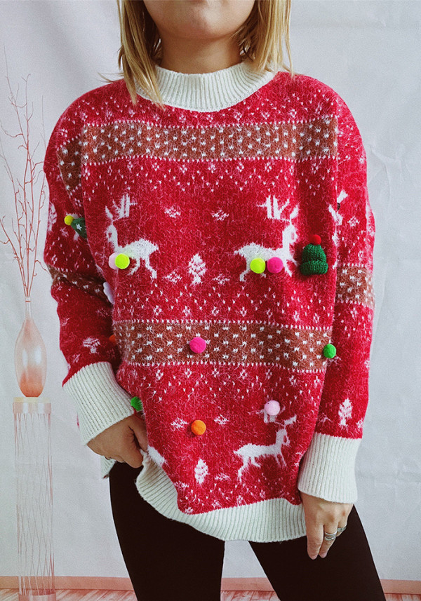 Women Fall/Winter Faux Mink Deer Snowflake Jacquard Pom Pom Christmas Scarf Sweater (Two-Piece Set)