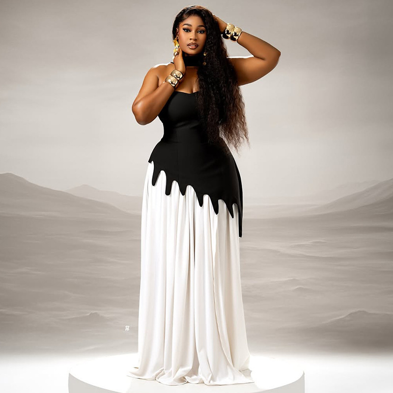 Women Contrast Black and White Patchwork Strapless Asymmetrical Dress