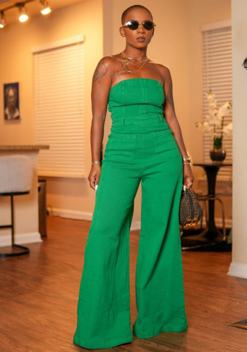 Women Strapless Solid Wide-Leg Jumpsuit