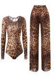 Women Mesh Long-Sleeved Leopard Print One-Piece Swimsuit and Pants Two-Piece Set