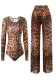 Women Mesh Long-Sleeved Leopard Print One-Piece Swimsuit and Pants Two-Piece Set