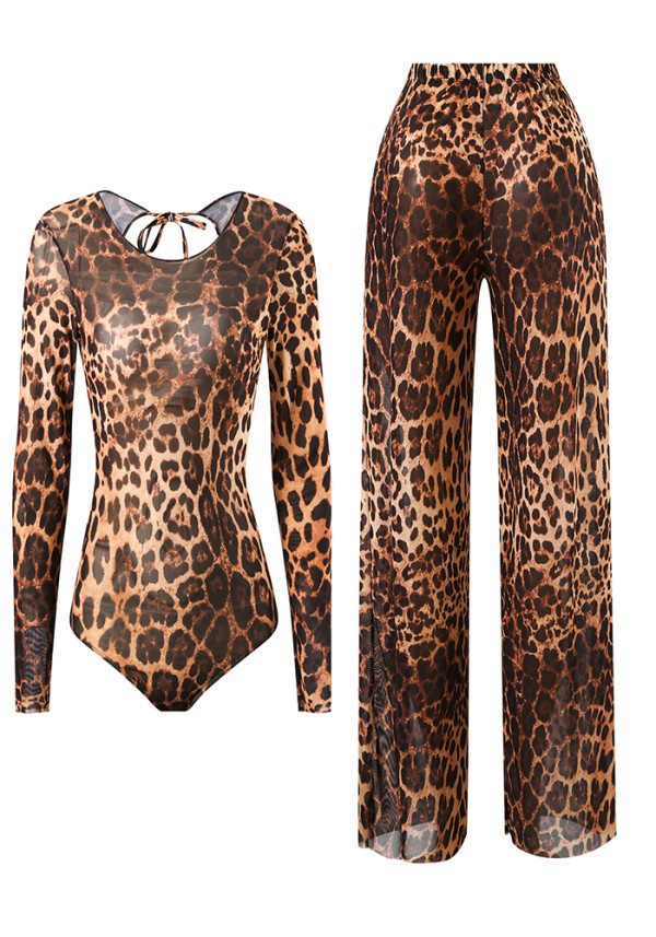 Women Mesh Long-Sleeved Leopard Print One-Piece Swimsuit and Pants Two-Piece Set
