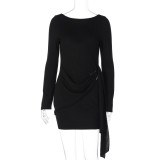 Women Autumn Sexy Solid Backless Long-Sleeved Ribbon Dress
