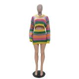 Women casual striped knitting two-piece top and skirt