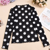 Women Autumn Sexy Mesh Polka Dot Cutout See-Through Long-Sleeved Mock Neck T-Shirt
