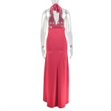 Women solid slit halter neck backless sleeveless pleated bodycon dress