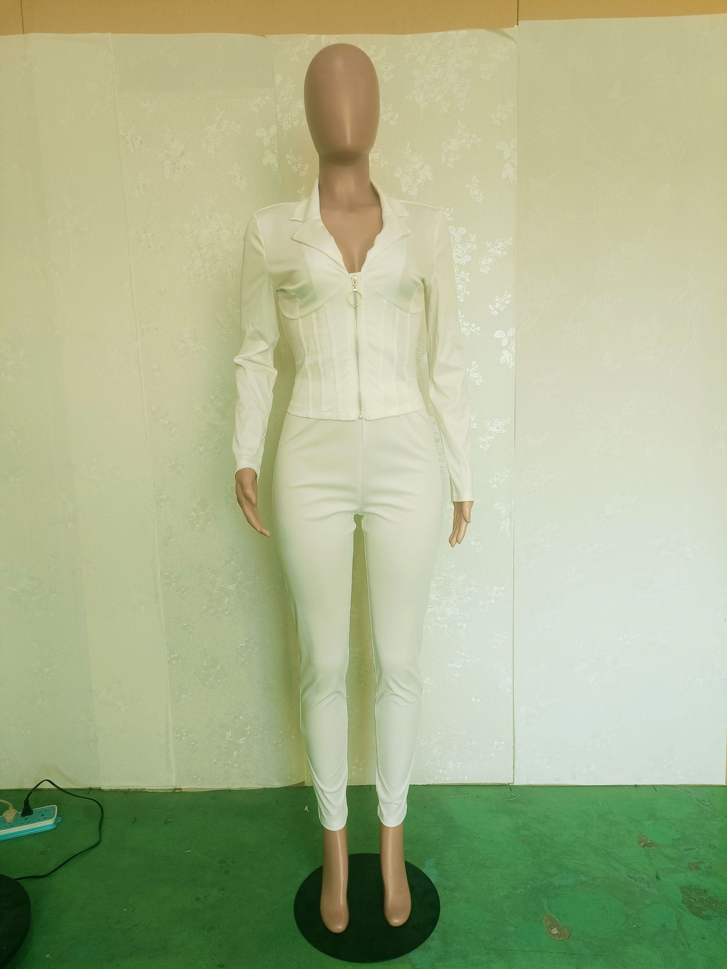 Women Sexy Solid Turndown Collar Top and Pant Two-Piece Set