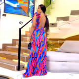 Women elegant ruffled shoulder strap printed dress