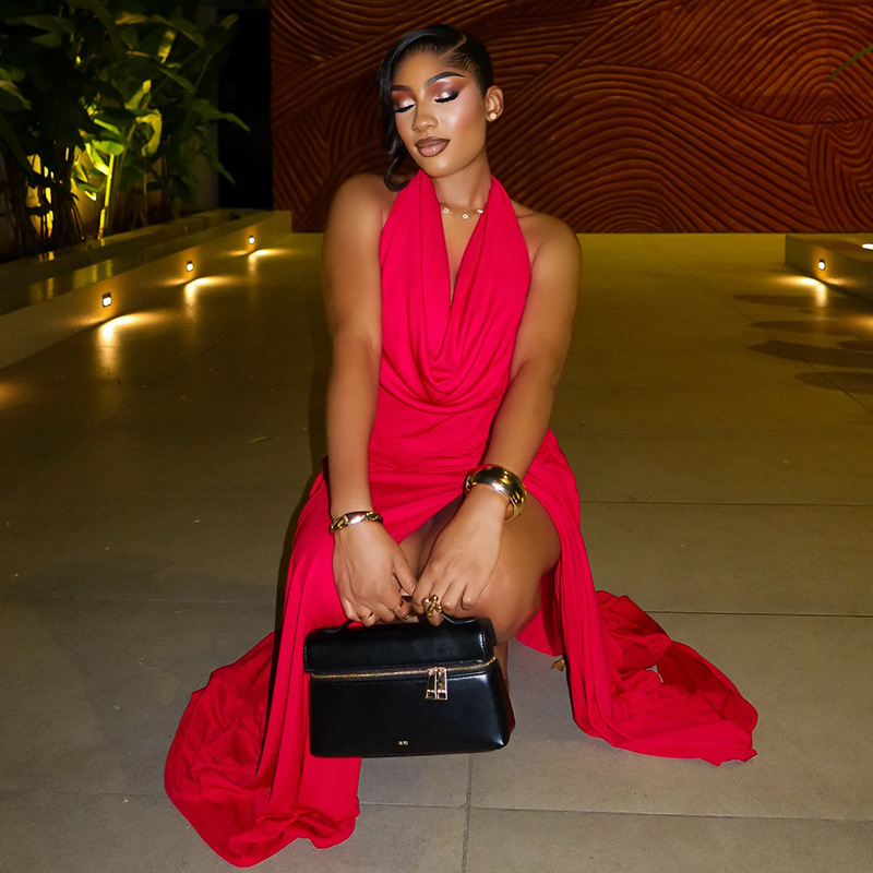 Women solid slit halter neck backless sleeveless pleated bodycon dress