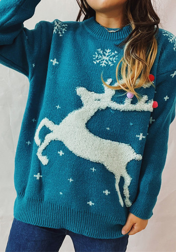 Women Fall/Winter Deer Snowflake Jacquard Pom Pom Christmas Round Neck Knitting Sweater