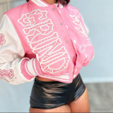 Women Autumn/Winter Ribbed Print Baseball Jacket