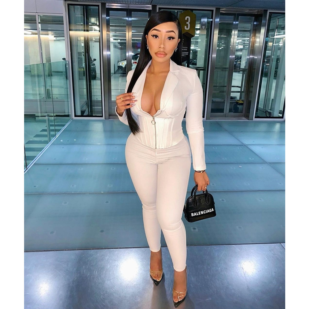 Women Sexy Solid Turndown Collar Top and Pant Two-Piece Set