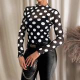 Women Autumn Sexy Mesh Polka Dot Cutout See-Through Long-Sleeved Mock Neck T-Shirt