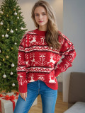 Women Fall/Winter Colorblock Deer Knitting Top with Round Neck