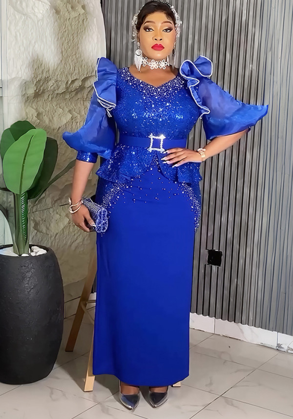 African Plus Size Women's Fashion Puff Sleeve Party Dress Beaded Sequin High Waist Gown