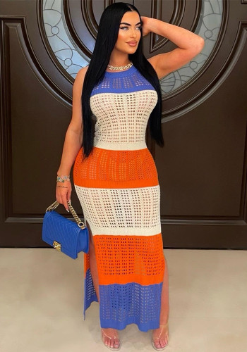 Women's Fishnet Color Block Sleeveless Slit Sexy Casual Beach Dress