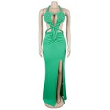 Fashion Women's Halter Neck Knit Cut-Out Sexy Slit Dress