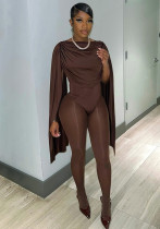 Women's Autumn Solid Color Casual Slim Fit Patchwork Long Sleeve Arm Cut-Out Mesh Long Jumpsuit