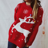 Women Fall/Winter Deer Snowflake Jacquard Pom Pom Christmas Round Neck Knitting Sweater