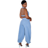 Sleeveless Low Back Washed High Stretch Casual Denim Jumpsuit