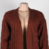 Fashion Women's Autumn Winter Solid Color Long Knit Cardigan Coat