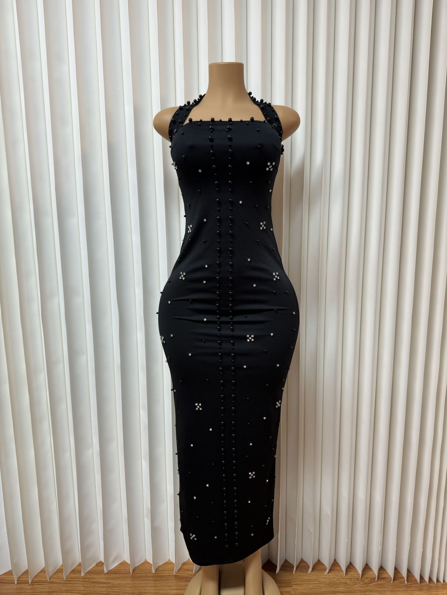 Fashion Women's Halter Neck Beaded Sexy Slit Bodycon Gown Long Dress