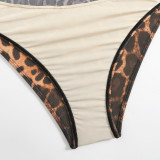 Women Mesh Long-Sleeved Leopard Print One-Piece Swimsuit and Pants Two-Piece Set