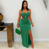 Fashion Women's Halter Neck Knit Cut-Out Sexy Slit Dress