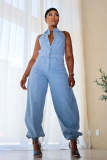Sleeveless Low Back Washed High Stretch Casual Denim Jumpsuit