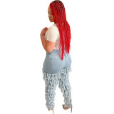 Women's Multi-Layer Frayed Washed Denim Pants