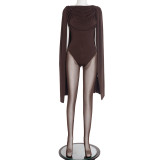 Women's Autumn Solid Color Casual Slim Fit Patchwork Long Sleeve Arm Cut-Out Mesh Long Jumpsuit