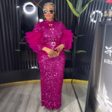 Sequin Party Evening Dress African Women's Plus Size Coat High Waist Dress Two-Piece Set