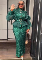 Sequin Party Evening Dress African Women's Plus Size Coat High Waist Dress Two-Piece Set