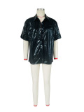 Women's Fashion Casual Shiny Faux Leather High Stretch Shirt Top