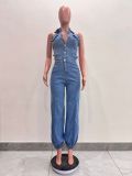 Sleeveless Low Back Washed High Stretch Casual Denim Jumpsuit