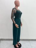 Women's Mesh See-Through Patchwork Embroidery Sexy Jumpsuit (Includes Belt)