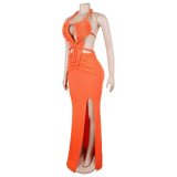 Fashion Women's Halter Neck Knit Cut-Out Sexy Slit Dress