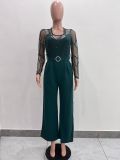 Women's Mesh See-Through Patchwork Embroidery Sexy Jumpsuit (Includes Belt)