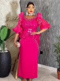 African Plus Size Women's Fashion Puff Sleeve Party Dress Beaded Sequin High Waist Gown