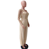 Women's Mesh See-Through Embroidery Patchwork Sexy Jumpsuit (Includes Belt)