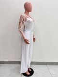 Women's Mesh See-Through Patchwork Embroidery Sexy Jumpsuit (Includes Belt)