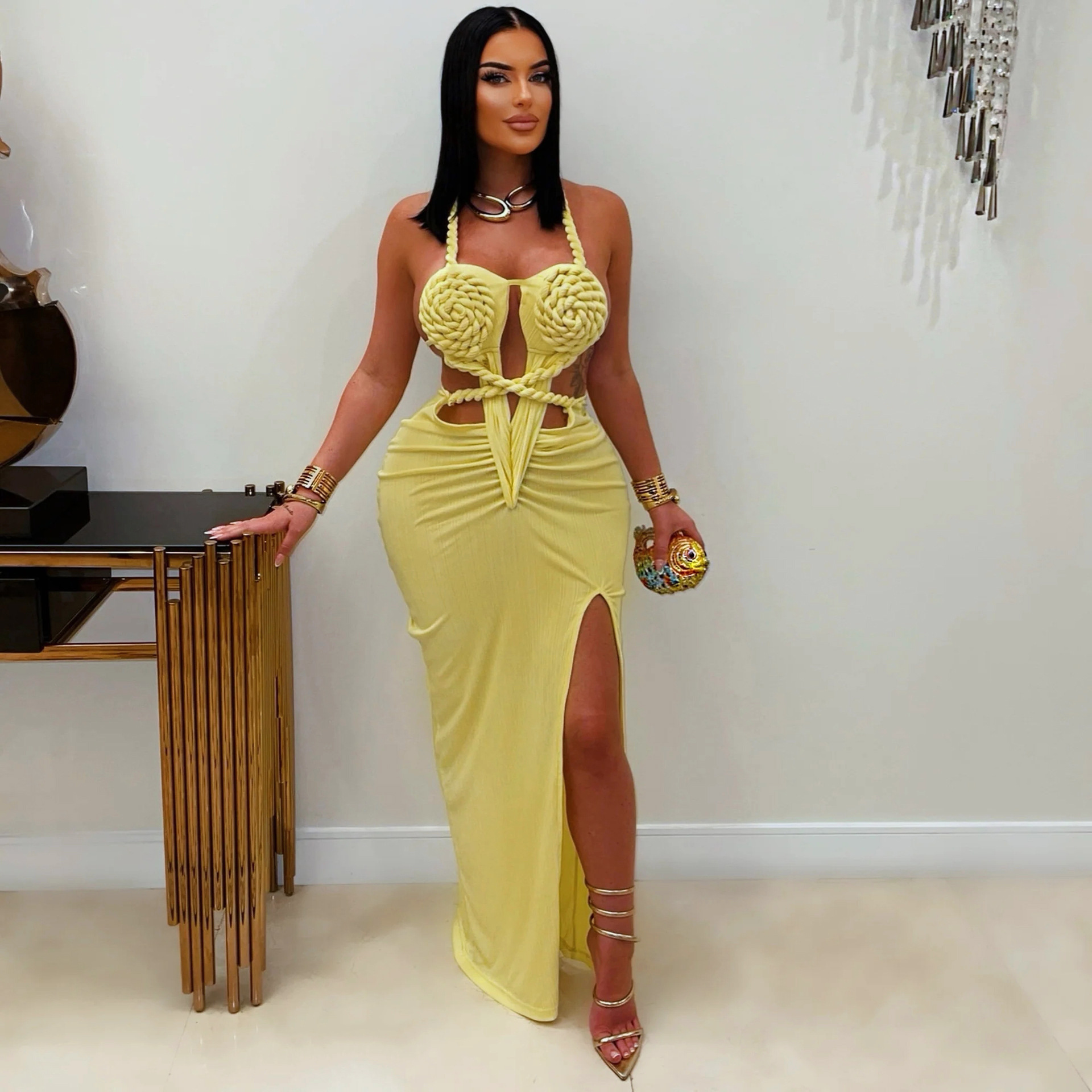 Fashion Women's Halter Neck Knit Cut-Out Sexy Slit Dress